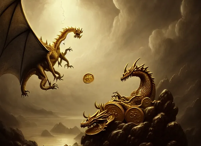 Prompt: Giant dragon sitting gold coins raining down from heaven, beautifully, fantasy, dramatic, intricate, elegant, highly detailed, digital painting, artstation, concept art, smooth, sharp focus, illustration, art by Gustave Dore, octane render