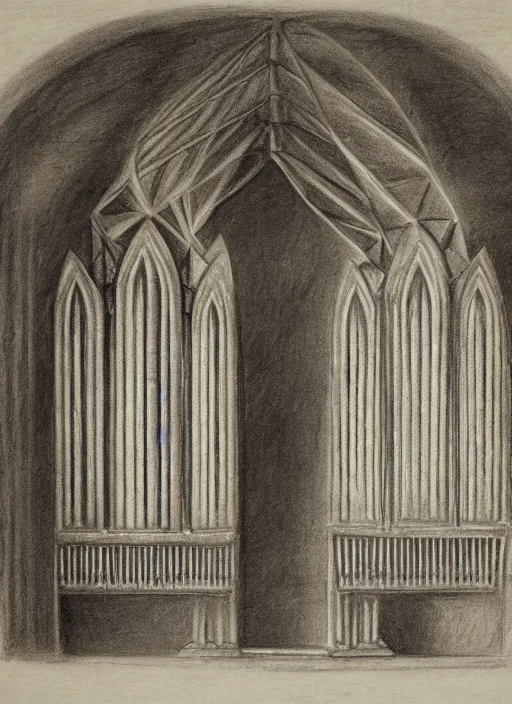 Image similar to pipe organ in a sunken cathedral, 1 9 th century charcoal and pencil drawing, high detail, high contrast