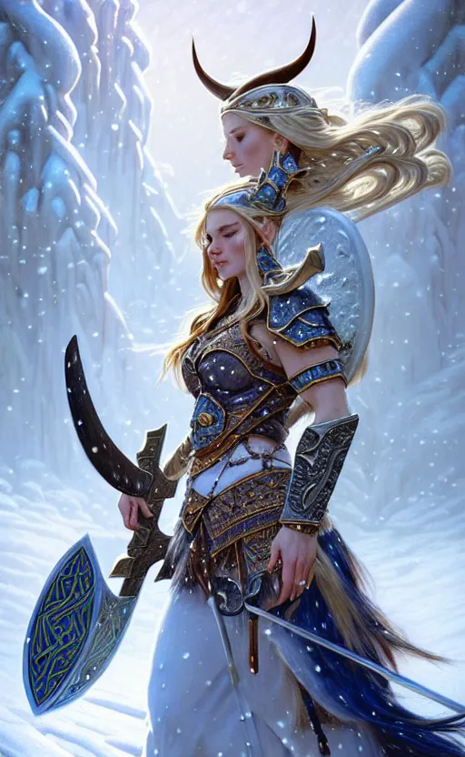 Image similar to opal viking warrior, regal, elegant, winter, snow, beautiful, stunning, hd, illustration, epic, d & d, fantasy, intricate, elegant, highly detailed, wide angle, digital painting, artstation, concept art, smooth, sharp focus, illustration, wallpaper, art by artgerm and greg rutkowski and alphonse mucha and jin xiaodi