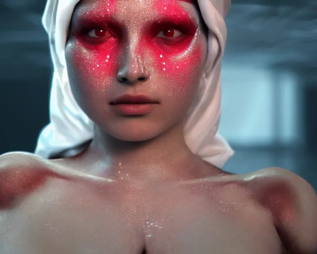 Image similar to a film still of a synthetic female human wrapped in white cloth, tribal facepaint, in neotokyo, cinematic lighting, high resolution, 4 k