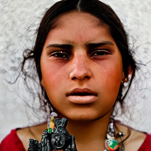 Image similar to award winning photo of a young mexican woman in the style of martin schoeller