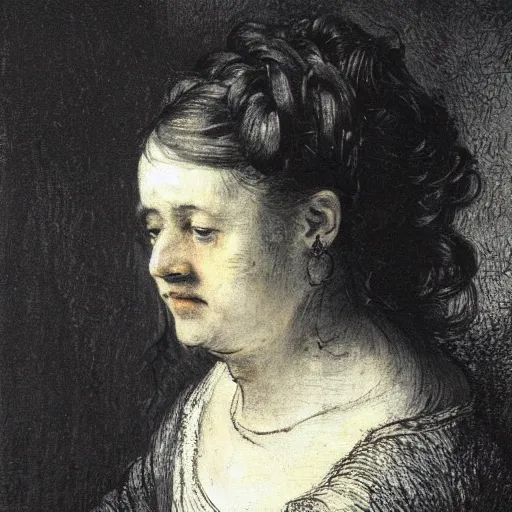 Prompt: a young woman with her hair tied in a plait to one side, dark hair, sits in the window of a semi - abandoned chateau. she holds a shell to her ear. rembrandt