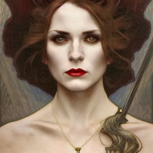 Image similar to portrait of a lady vampire, 35mm, 1920', depth of field, ominous, sharp, highly detailed, photorealistic, realistic, unreal 5, high definition, 8k, deviantart, donato giancola, irwin penn, Alphonse Mucha