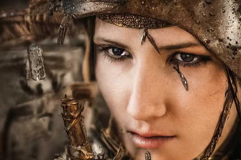 Prompt: close - up photo of a beautiful warrior princess in a battle scene, detailed eyes, shallow depth of field, photorealistic, cinematic lighting, warm colours, dusk