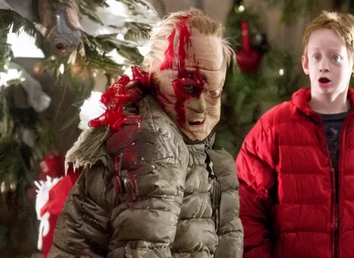 Prompt: the movie the predator starring macaulay culkin kevin mcallister home alone living room christmas vfx film