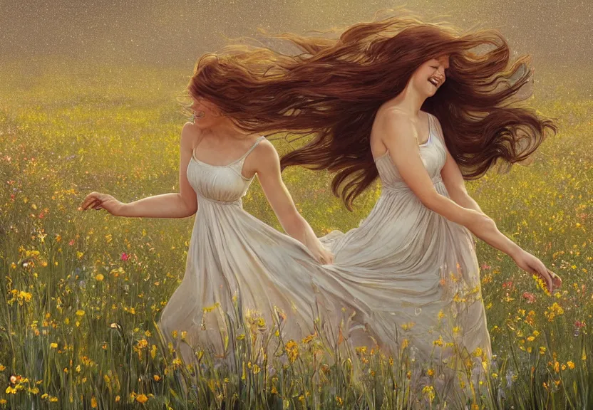 Image similar to a happy woman with copper hair and a flowing yellow sundress dancing in a field of wildflowers, with cute - fine - face, pretty face, realistic shaded perfect face, fine details by realistic shaded lighting poster by artstation, concept art, smooth, sharp focus, illustration, art by artgerm and greg rutkowski and alphonse mucha