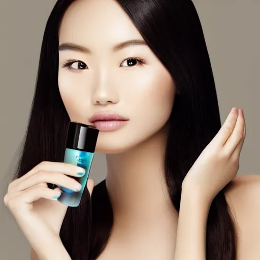 Prompt: an advertisement for a skin care product with a beautiful chinese model with a thin face