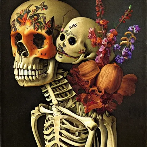 Prompt: two skeletons leaning on a wall, one with mimosa blossoms in the eye sockets, one holding a bushel of gladioli, butterflies and worms, day of the dead, Dutch masters, still life, classic art