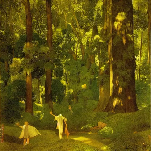 Image similar to spirits in procession in a green forest ( maxfield parrish )