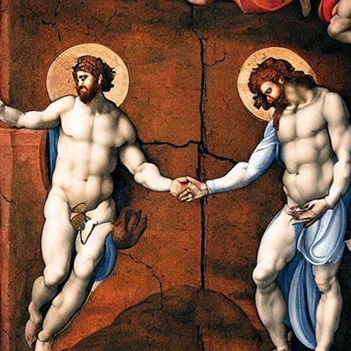 Image similar to God is handing Adam an iPhone, The Sistine Chapel, Fresco by Michelangelo