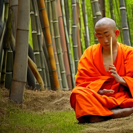 Image similar to a high quality photo of a panda monk, wearing orange clothes, meditating, sitting in front of a temple. bamboo forest in the background.