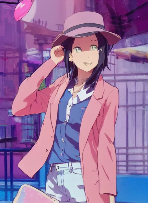 Image similar to a girl, with a wavy short pink hair and pink fedora hat, wearing a light pink jacket with a blue tie, purple gloves and blue jeans shorts. She is holding blue strings on her hand, rich vivid colors, ambient lighting, dynamic lighting, 4k, official media, anime key visual, makoto shinkai, ilya kuvshinov, lois van baarle, rossdraws, detailed, trending on artstation