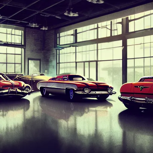 Prompt: retro futuristic shiny vintage cars in showroom, atmospheric lighting, painted, intricate, volumetric lighting, beautiful, daytime, sunny weather, slight overcast, sharp focus, deep colours, ultra detailed, by leesha hannigan, ross tran, thierry doizon, kai carpenter, ignacio fernandez rios