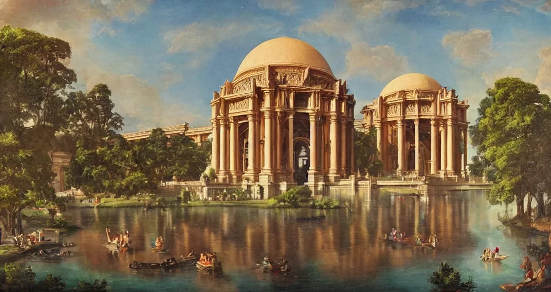 Image similar to the san francisco palace of fine arts during the intergalactic futuristic fair, romantic era painting, majestic