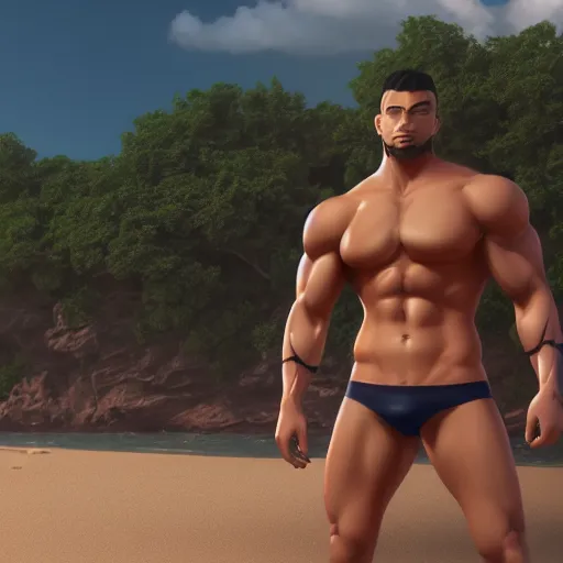 Prompt: Muscular Handsome Anime man on the beach in his boxers, cinematic lightning, medium shot, mid-shot, highly detailed, trending on artstation, Unreal Engine 4k,