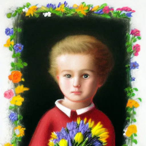 Prompt: a young boy is holding a bouquet of flowers, a pastel by bourgeois, pixabay, art & language, stockphoto