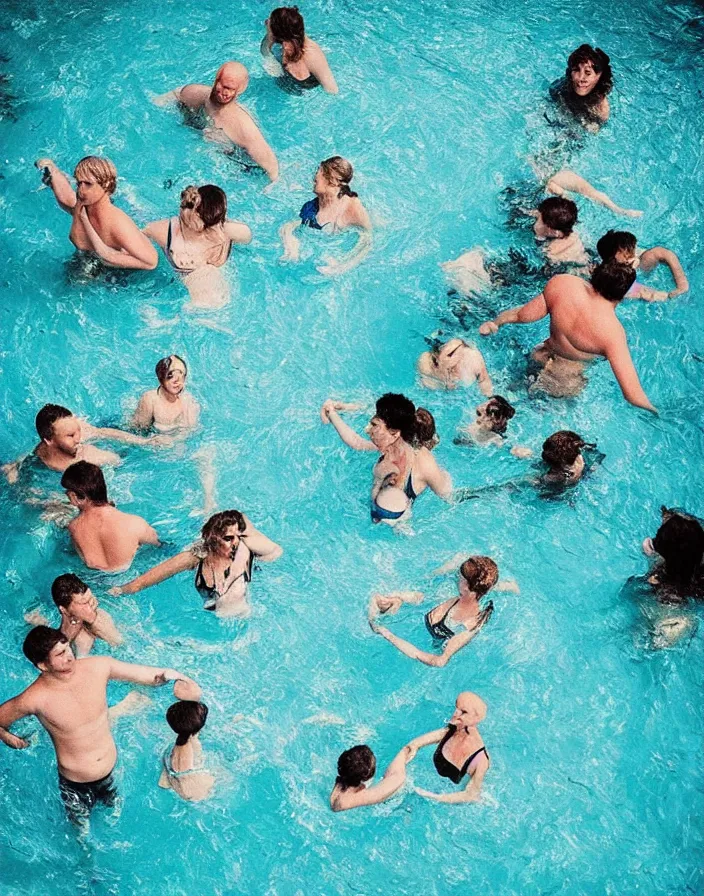 Prompt: “ a close - up of people stuck in a small square swimming pool, color photography ”