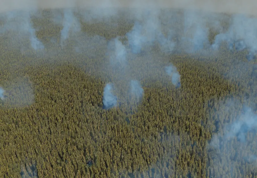 Prompt: overhead view of an large area with forest fires, pollution, climate change, octane render,