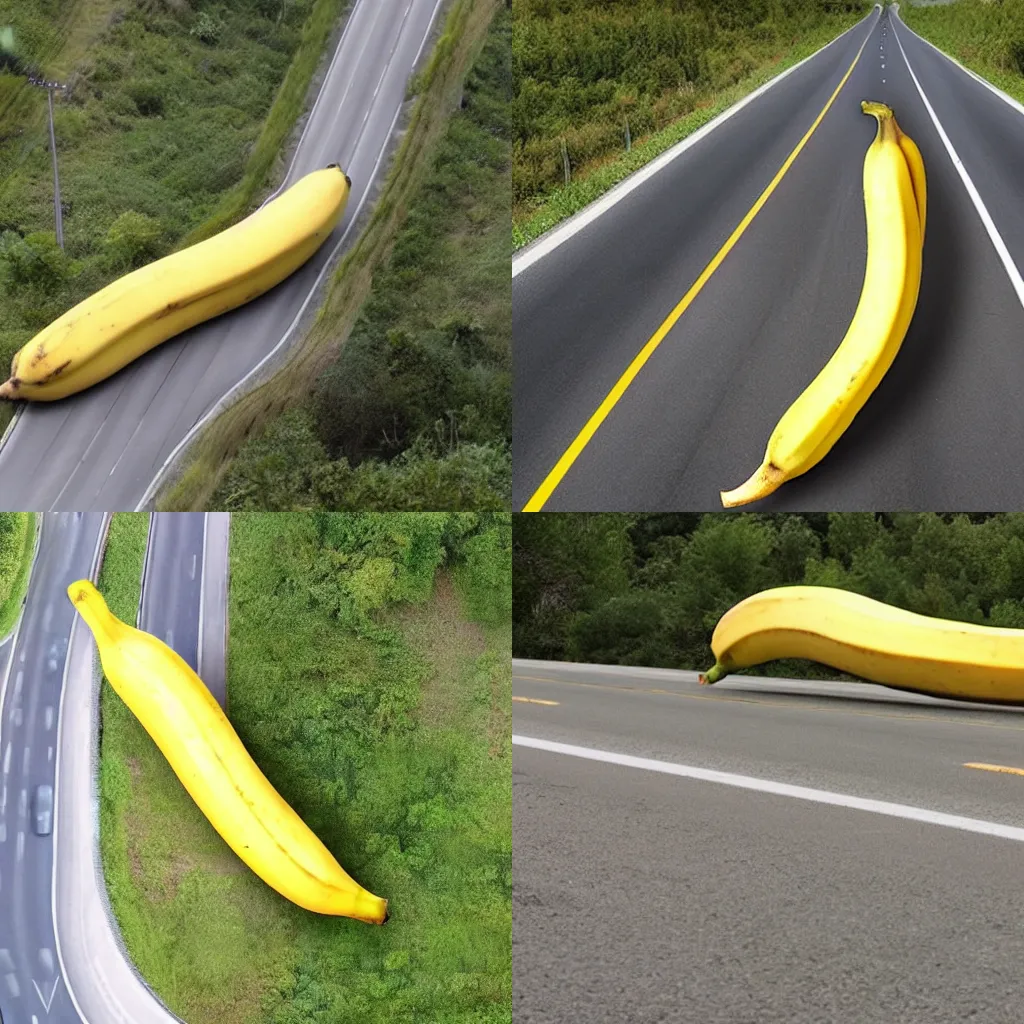 Prompt: a very large banana on a highway