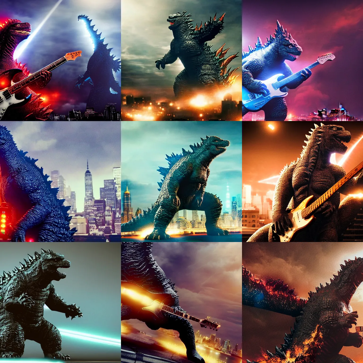 Prompt: a high quality photo of Godzilla playing electric guitar, in New York, render, ultra realistic, cgsociety