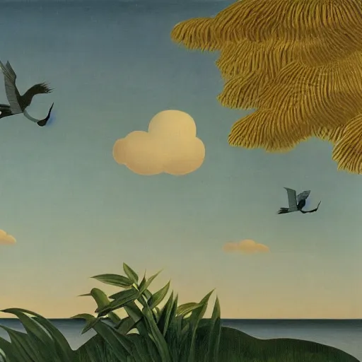 Prompt: Two flying alicorns over a lake, artwork by Henri Rousseau