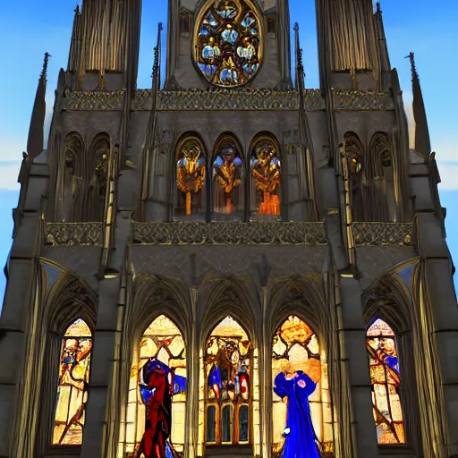 Prompt: Seven knights standing outside a gothic cathedral. There is light shining through the ornate stained glass windows; trending on artstation