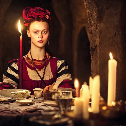 Prompt: frida gustavsson wearing 1 8 th century stay in a medieval tavern at night with candles, wow 4 k detail fantasy, matte painting, realistic materials, photo realistic, postprocessing, cinematic, hyperrealistic, studio lighting, ekaterina, the tudors, photography by richard jenkins