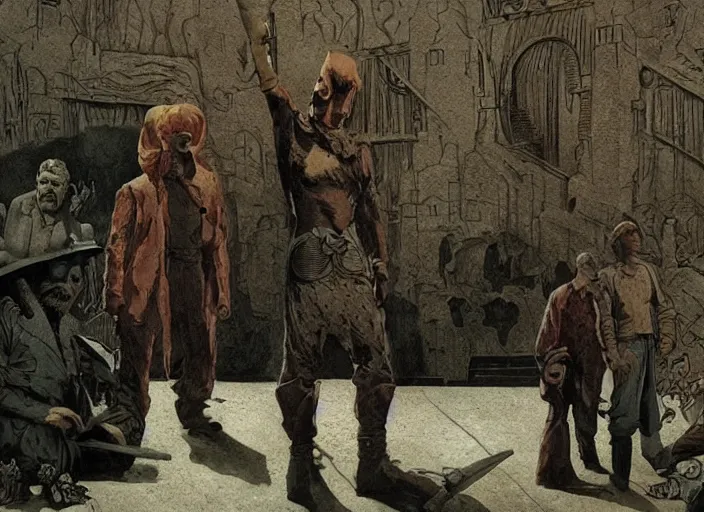 Image similar to an intense scene from a feature film by alejandro jodorowsky and matthew barney : : an occult ritual, chiaroscuro lighting : : matte painting in the style of enki bilal, moebius and mike mignola, graphic art, 4 k
