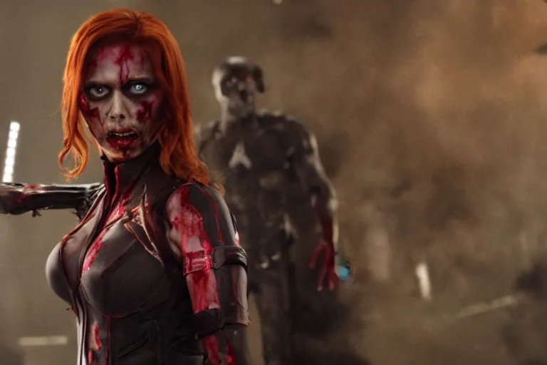 Image similar to film still of zombie zombie Black Widow as a zombie in new avengers movie, 4k