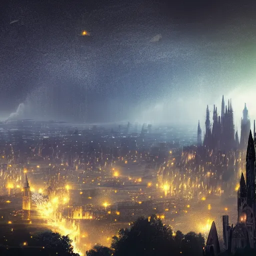 Image similar to sprawling view of gothic city under meteor rain, fantasy