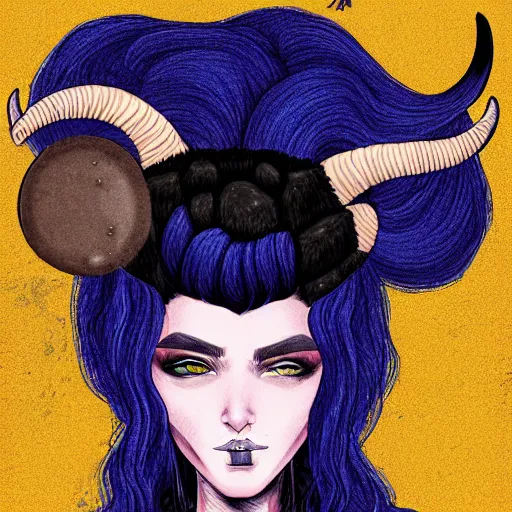 Image similar to illustrated portrait of ram-horned devil woman with blue bob hairstyle and hex #FFA500 colored skin tone and with solid black eyes wearing leather by rossdraws