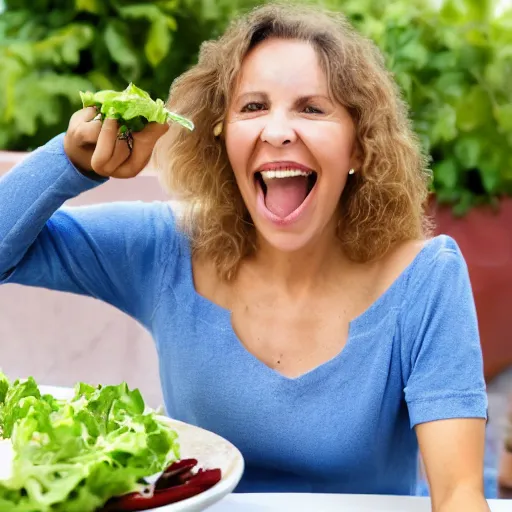 Prompt: Stock photo of woman eating salad with fork and laughing