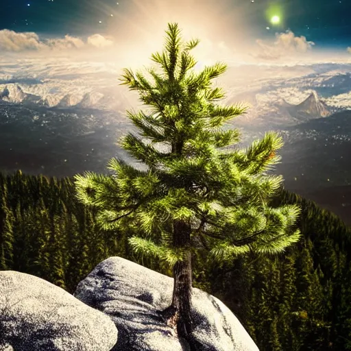 Image similar to a photograph of a pine tree on top of a rocky mountain, star shining in space, highly detailed, sharp focus, cinematic, hyperrealism, photorealistic