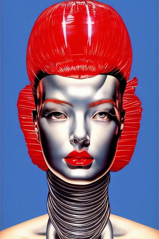 Image similar to cyborg head wrapped in plastic bags by Hajime Sorayama and Artemisia Gentileschi, centered, symmetrical, led, red, bilateral symmetry, 60s poster, polished, lightning, retro dark vintage sci-fi, 2D matte illustration