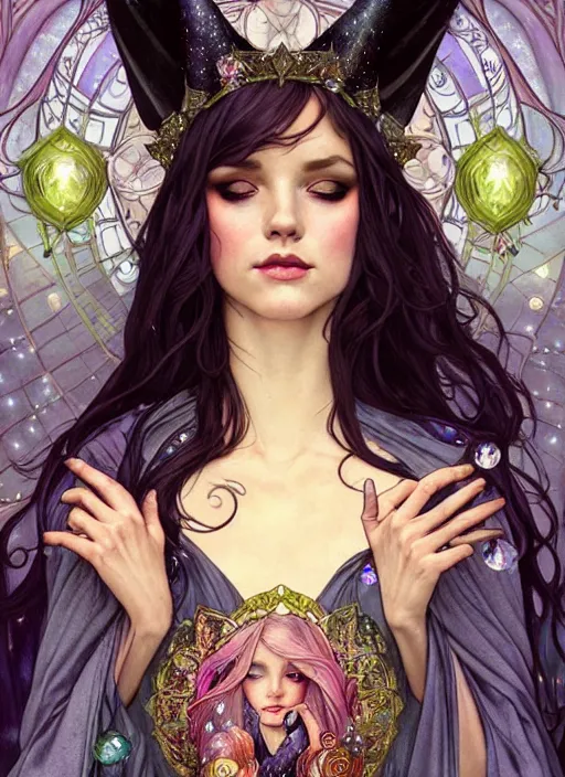 Image similar to fantastic portrait of a beautiftul witch with some shinny star, cloak, royally decorated crystal gemstones, symmetrical face, art nouveau, portrait, cute, fairy, by artgerm, kelly mckernan, greg rutkowski, alphonse mucha, detailed background, artstation, intricate, elegant, highly detailed, colorful, maximalist