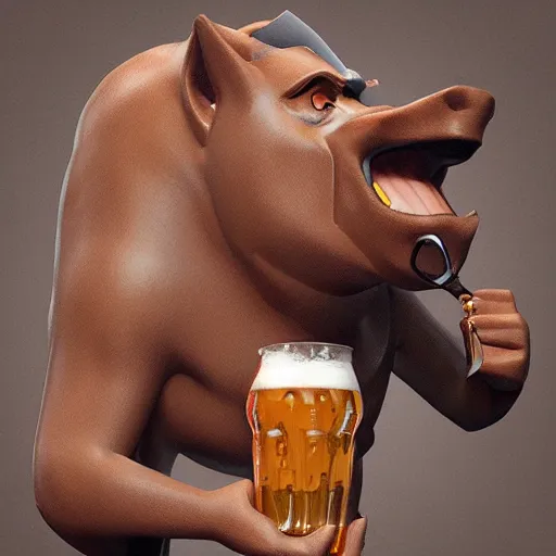 Image similar to an anthropomorphic boar drinking beer