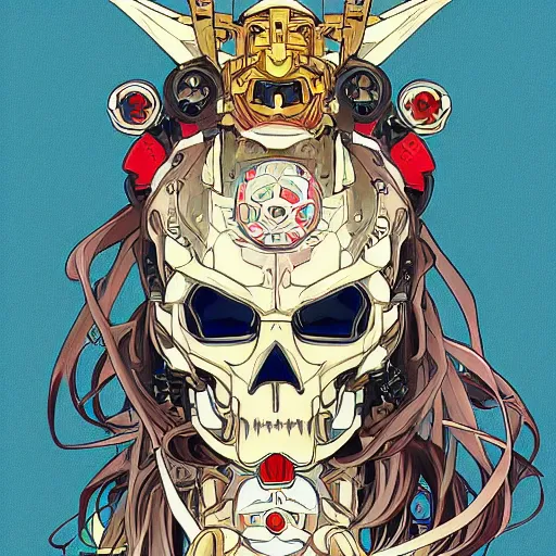 Image similar to anime manga skull portrait robot gundam face illustration style by Alphonse Mucha and Takashi Murakami pop art nouveau