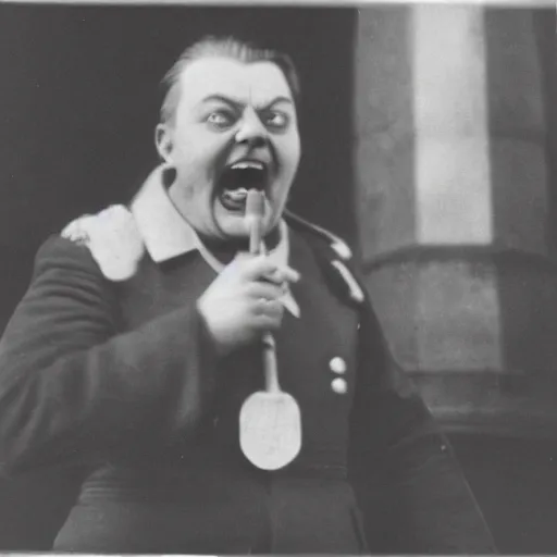 Image similar to hermann goring screaming into the camera, taken on a ww 2 camera, highly detailed, black and white.