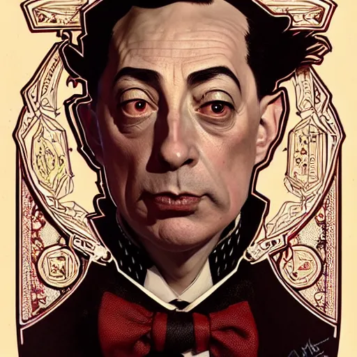 Prompt: full portrait of peewee herman king of thieves, fantasy, d & d, intricate, detailed, by by alphonse mucha, adolfo hohenstein, alice russell glenny, stanley artgerm lau, greg rutkowski, detailed, trending on artstation, trending on artstation, smooth