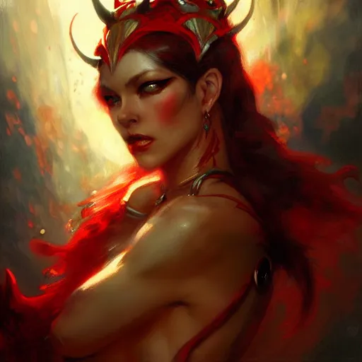 Prompt: attractive demon queen with red eyes painting by gaston bussiere, craig mullins, luis rollo, close - up portrait, digital painting, highly detailed, artstation, sharp focus, illustration, concept art, full hd