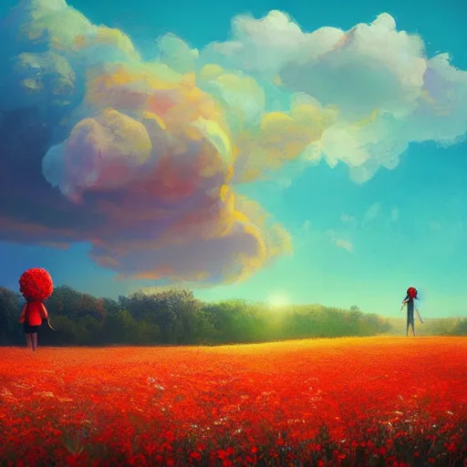 Prompt: giant red flower afro, full body, girl in the middle of a field with flowers, surreal photography, hills, sunrise dramatic light, impressionist painting, colorful clouds, digital painting, pointillism, artstation, simon stalenhag