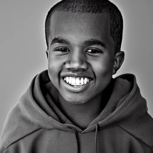 Image similar to the face of young kanye west wearing yeezy clothing at 8 years old, black and white portrait by julia cameron, chiaroscuro lighting, shallow depth of field, 8 0 mm, f 1. 8