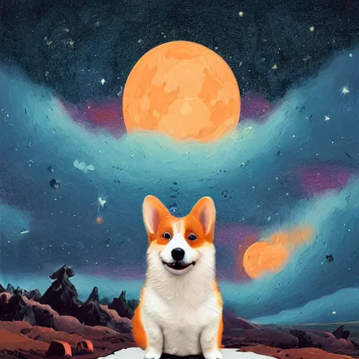 Image similar to adorable corgi puppy in space, starry background, beautiful digital painting by simon stalenhag, magical, intense, cool