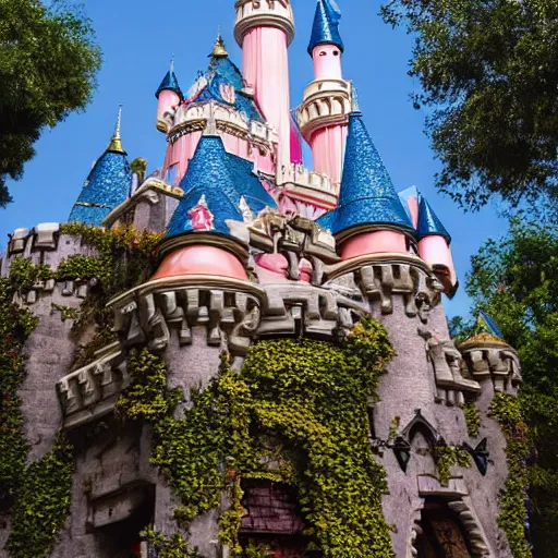 Image similar to overgrown disneyland castle that has been unkept for thousands of years, trending on unsplash, 4 k photorealism, 4 k quality, intricately defined, complexly detailed