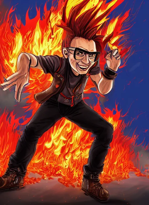 Prompt: An Artstation drawing style of young man with red spiked long hair, using an orange lens steampunk googles. Wearing white shirt, a black waistcoat, brown pants and black boots. He is throwing a wild fire blast from his hands, with a vicious smile in face. He is in a scorched land with a blue sky.