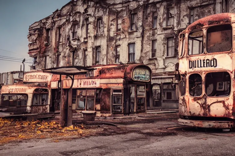 Prompt: low wide angle shot of dilapidated fallout 5 europa, temperate european hamlet, desolate, dilapidated neon signs, few rusted retro futuristic vintage parked vehicles like cars, buses, trucks, trams, volumetric lighting, photorealistic, daytime, autumn, sunny weather, sharp focus, ultra detailed, 4 0 0 0 k