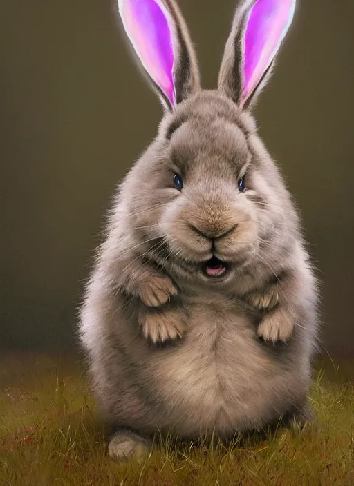 Image similar to hyper realistic, portrait of a derpy big chungus, with bunny rabbit ears, very fuzzy, furry, smoking weed, big smile, buck teeth, bright balanced lighting, by greg rutkowski, scott m fischer, artgerm, loish, slight glow, atmospheric, anne stokes, alexandros pyromallis, 4 k, 8 k