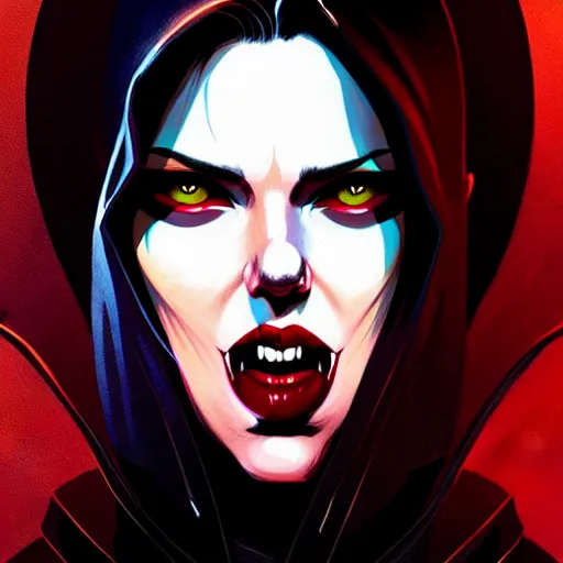 Image similar to rafael albuquerque comic art, peter mohrbacher, steve niles, artgerm, pretty scarlett johansson vampire sharp vampire teeth open mouth, symmetrical eyes, black leather jacket, jeans, long blonde hair