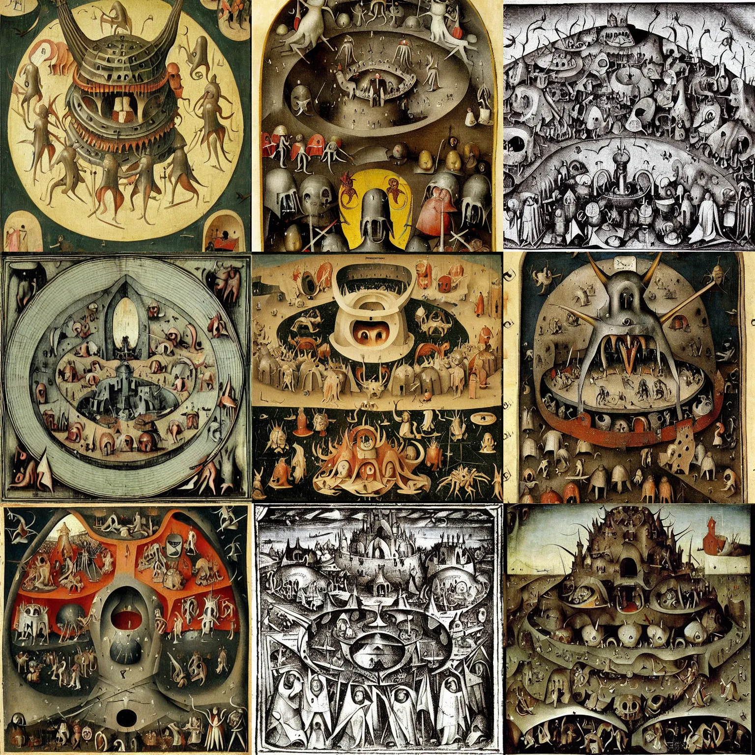 Prompt: a medieval hellmouth design by hieronymus bosch, highly detailed, horizontally symmetrical
