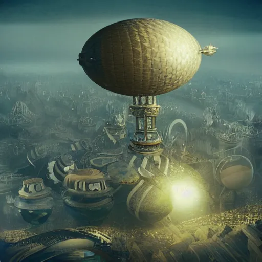 Image similar to enormous flying city in a faberge egg, sky, steampunk, fantasy art, masterpiece, hugh ferriss, octane render, peder balke